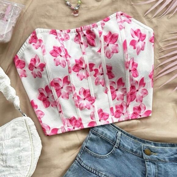 NWOT SHEIN Soleia Floral Print Cropped Tube Top Size Small Pink White Bustier - Picture 1 of 4